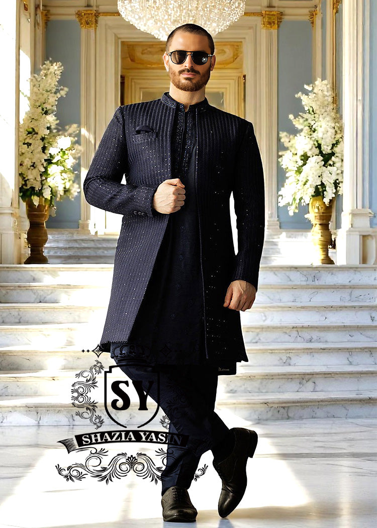 Dark Navy Blue Heavy Embroidered Sherwani