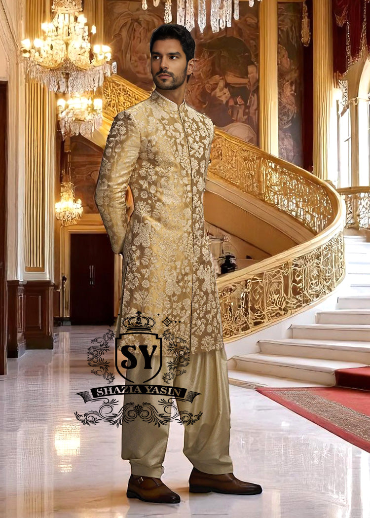 Indo Western Sherwani Royal Sherwani Anchorage Alaska USA Antique Gold Mens Sherwani in Lame Tissue