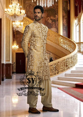 Indo Western Sherwani Royal Sherwani Anchorage Alaska USA Antique Gold Mens Sherwani in Lame Tissue