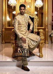 Indo Western Sherwani Royal Sherwani Anchorage Alaska USA Antique Gold Mens Sherwani in Lame Tissue