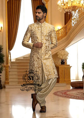 Indo Western Sherwani Royal Sherwani Anchorage Alaska USA Antique Gold Mens Sherwani in Lame Tissue