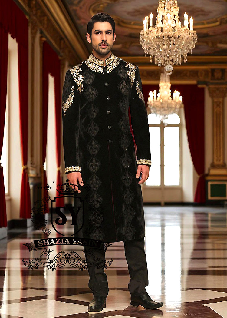 Luxury Velvet Sherwani in Black Princeton New Jersey NJ USA Designer Sherwani Ceremony Collection