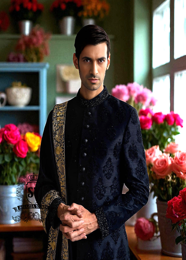 Stylish Embroidered Sherwani Suits in Black San Francisco California CA USA Buy Black Raw Silk Sherwani