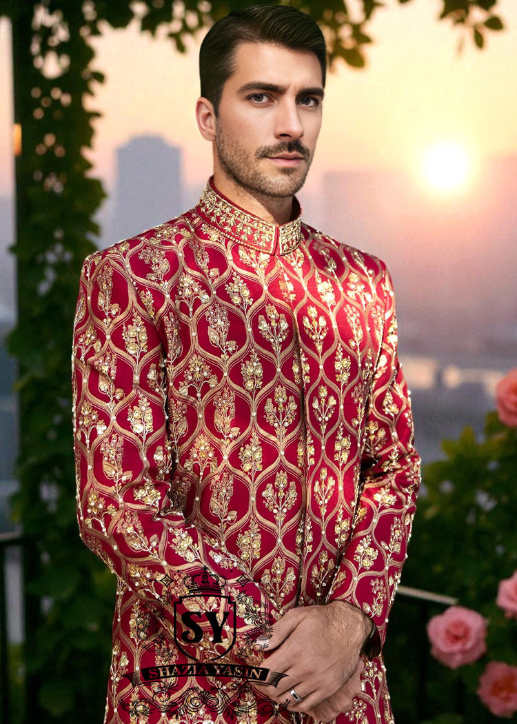 Crimson Glory Raw Silk Sherwani for Mens Fairfax Virginia United States Traditional Mens Sherwani Suits