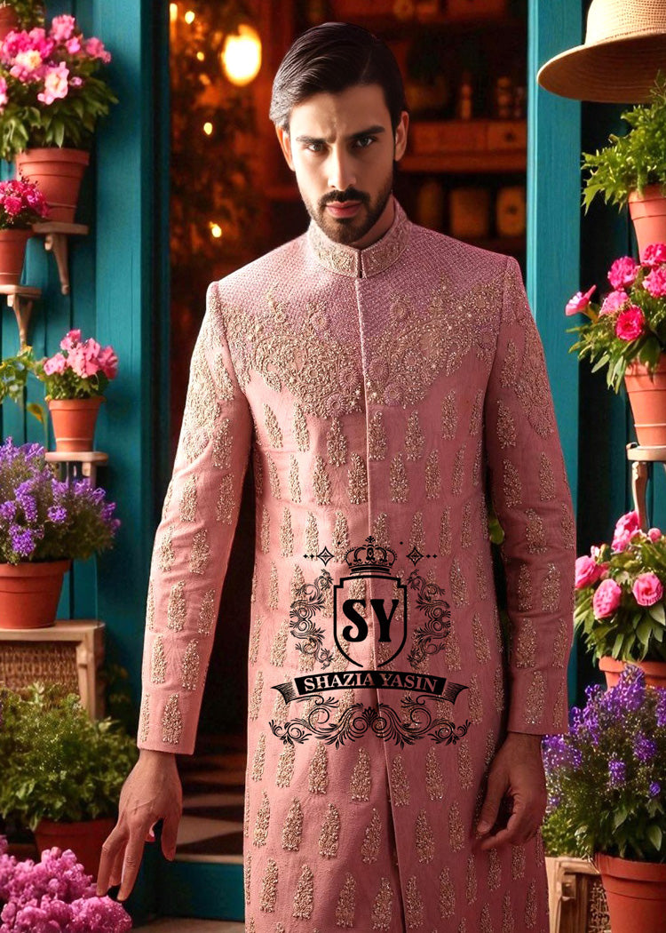 Baby Pink Sherwani for Mens Woking England UK Wedding Sherwani and Flared Trousers Combinations