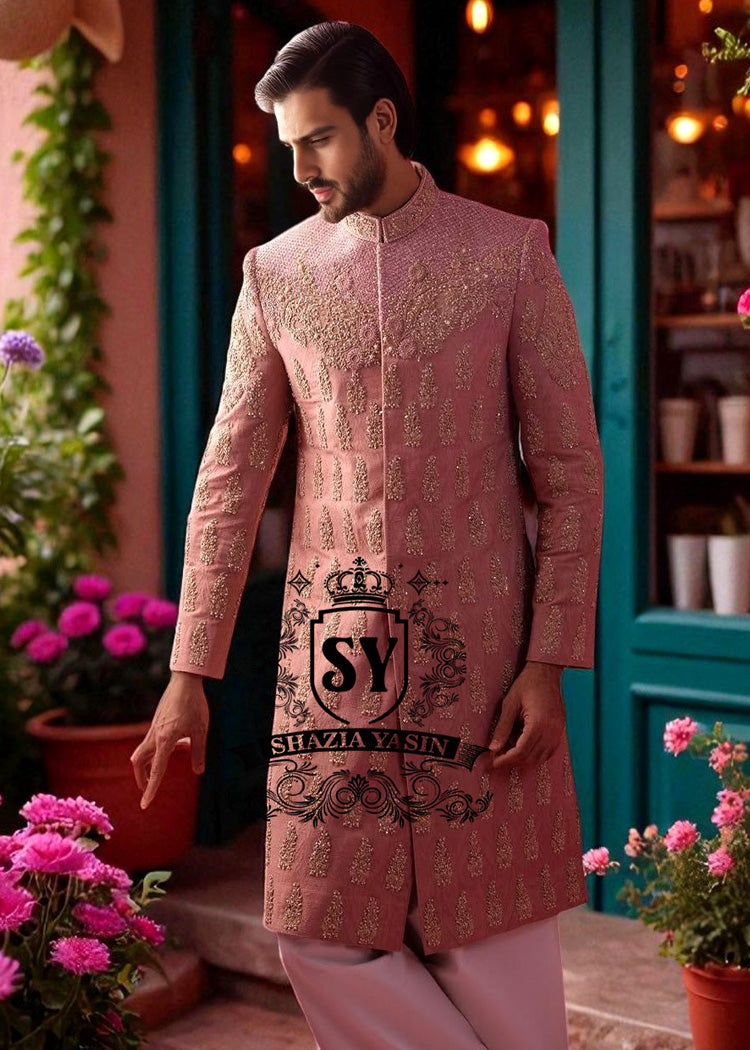 Baby Pink Sherwani for Mens Woking England UK Wedding Sherwani and Flared Trousers Combinations