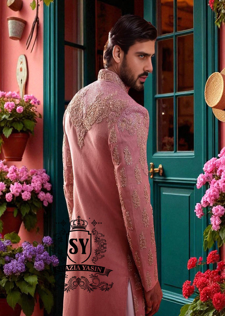 Baby Pink Sherwani for Mens Woking England UK Wedding Sherwani and Flared Trousers Combinations
