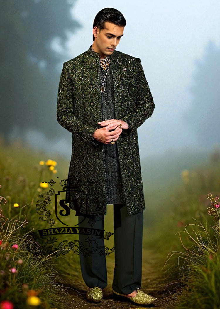 Embroidered Sherwani for Wedding South London UK Dark Green Sherwani for groom, Indian Pakistani Designer Sherwani