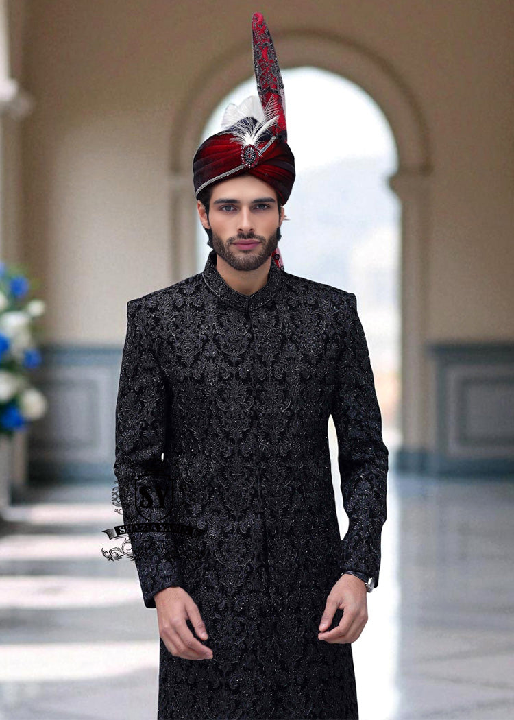 Floral Black-on-black Heavy Embroidered Sherwani for Groom Bloomingdale Illinois Designer Mens Sherwani Suit