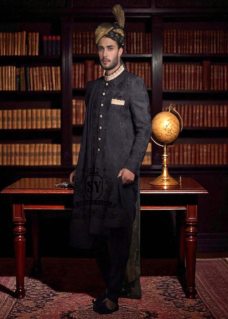 Royal Sherwani Designer Black Sherwani Online Aberdeen Scotland UK Men's Wedding Sherwani for grandeur Style