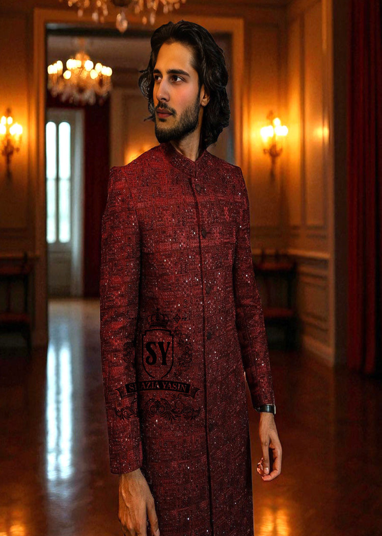 Luxury Embroidered Men's Wedding Sherwani Online Oldham England UK Bordeaux Designer Sherwani Suits Designs Latest