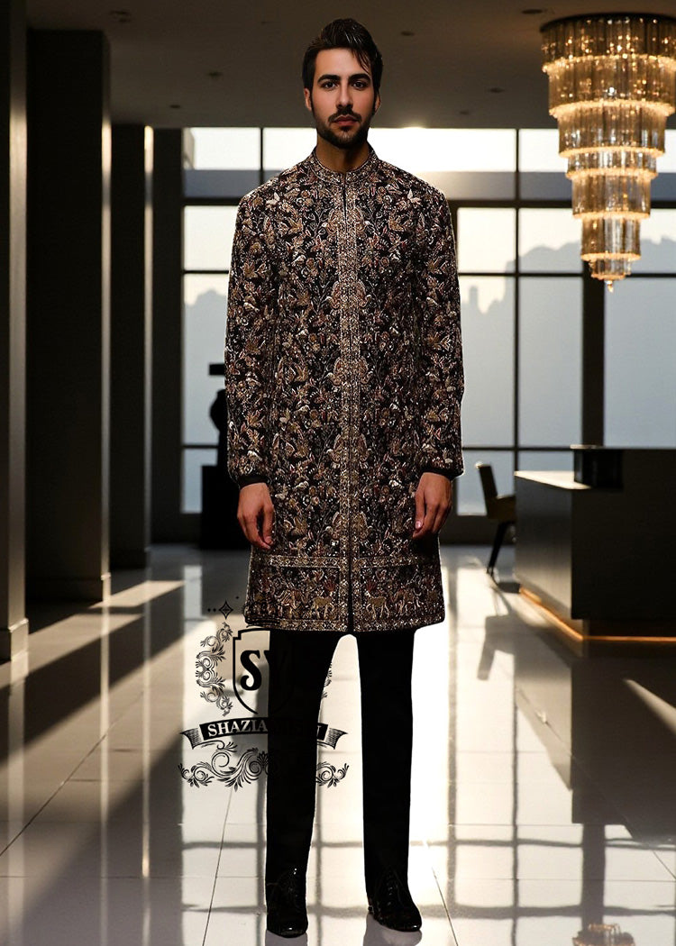 Glamorous Luxury Men's Sherwani Suit in Black Embroidered Men's Wedding Sherwani Suit With Antique Gold UK, USA, Canada, Australia