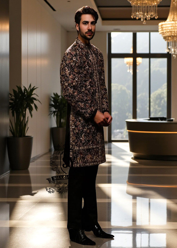 Glamorous Luxury Men's Sherwani Suit in Black Embroidered Men's Wedding Sherwani Suit With Antique Gold UK, USA, Canada, Australia