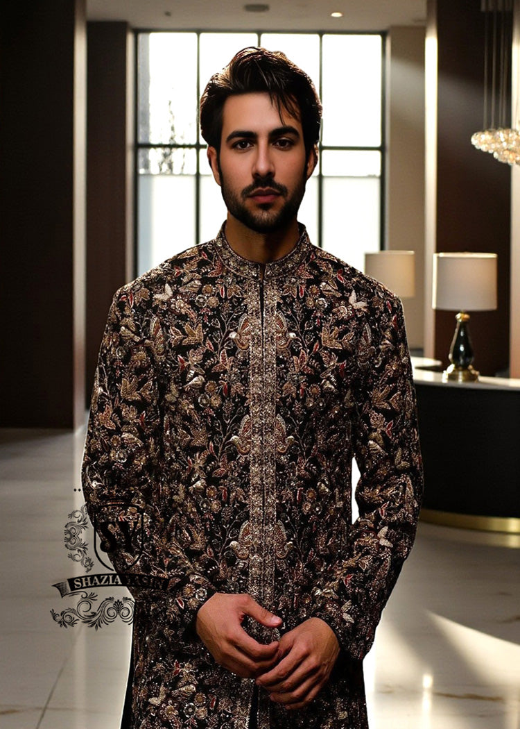 Glamorous Luxury Men's Sherwani Suit in Black Embroidered Men's Wedding Sherwani Suit With Antique Gold UK, USA, Canada, Australia