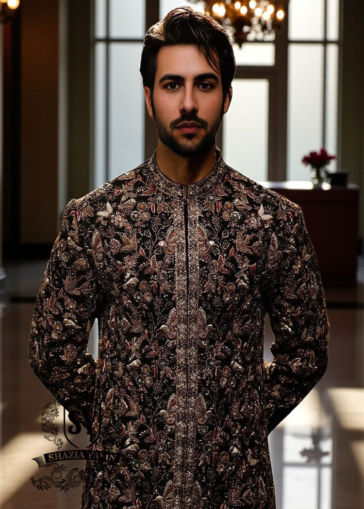 Glamorous Luxury Men's Sherwani Suit in Black Embroidered Men's Wedding Sherwani Suit With Antique Gold UK, USA, Canada, Australia