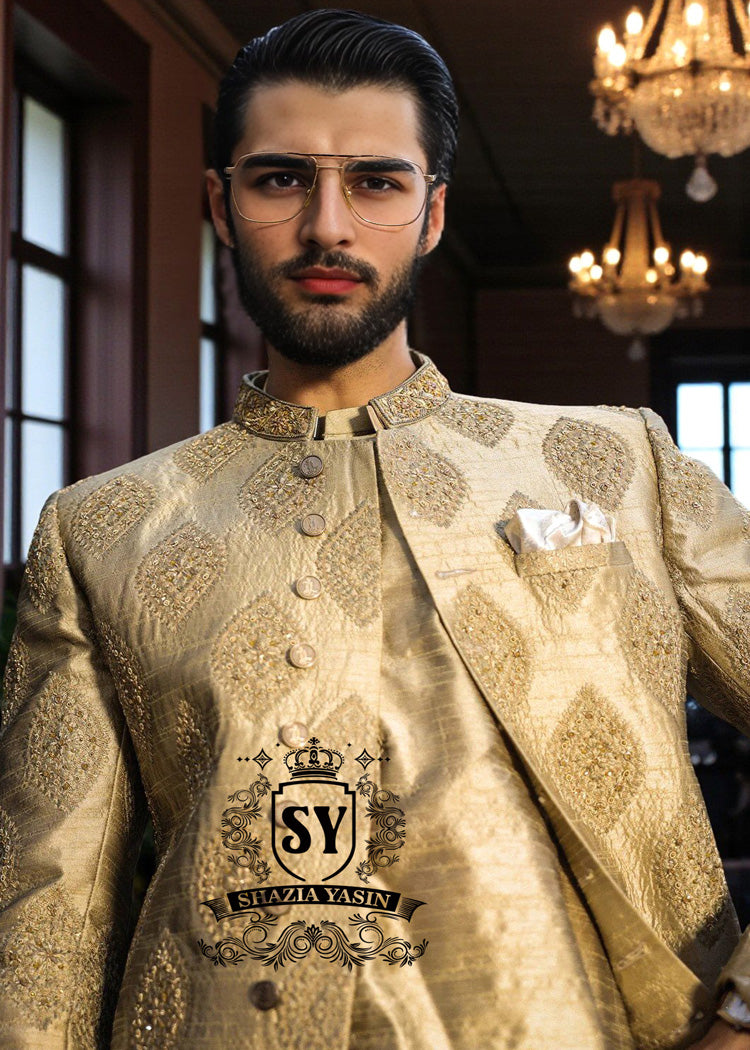 Luxury Golden Sherwani For Groom Newark New Jersey NJ US Men's Bespoke Wedding Sherwani Collection 2026