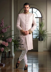 Self-embossed Sherwani With Hand-carved Embellishments in Antique Gold Buy in Los Angeles California USA