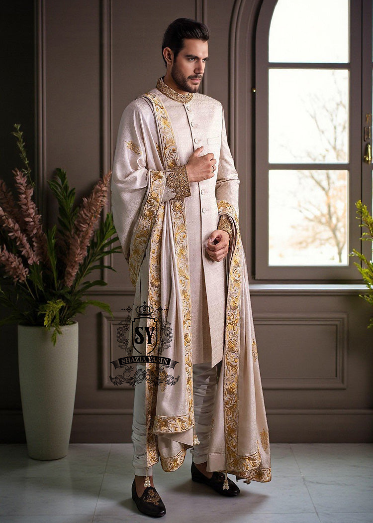 Self-embossed Sherwani With Hand-carved Embellishments in Antique Gold Buy in Los Angeles California USA