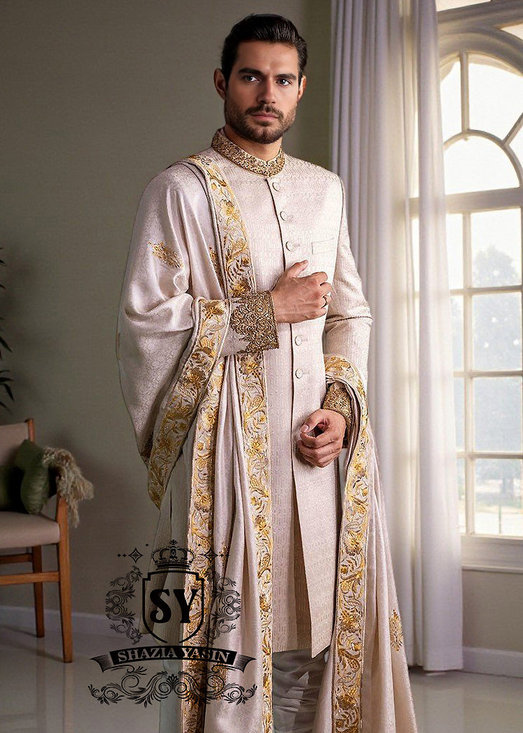 Self-embossed Sherwani With Hand-carved Embellishments in Antique Gold Buy in Los Angeles California USA