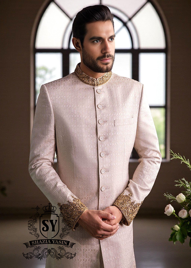 Self-embossed Sherwani With Hand-carved Embellishments in Antique Gold Buy in Los Angeles California USA