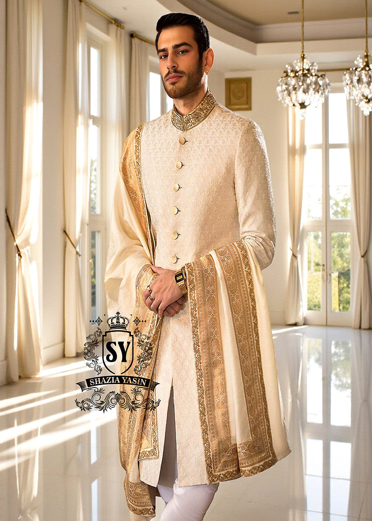 Original Off-White Embroidered Raw Silk Sherwani Wixom Michigan MI US Buy Designer Sherwani for Men Online at Best Prices