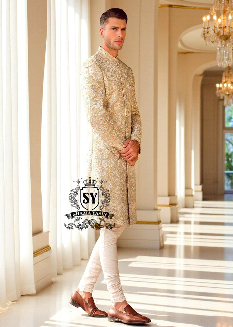 Indo Western Sherwani Suit for Wedding Michigan MI USA Buy Men's Sherwani in Fawn Raw Silk