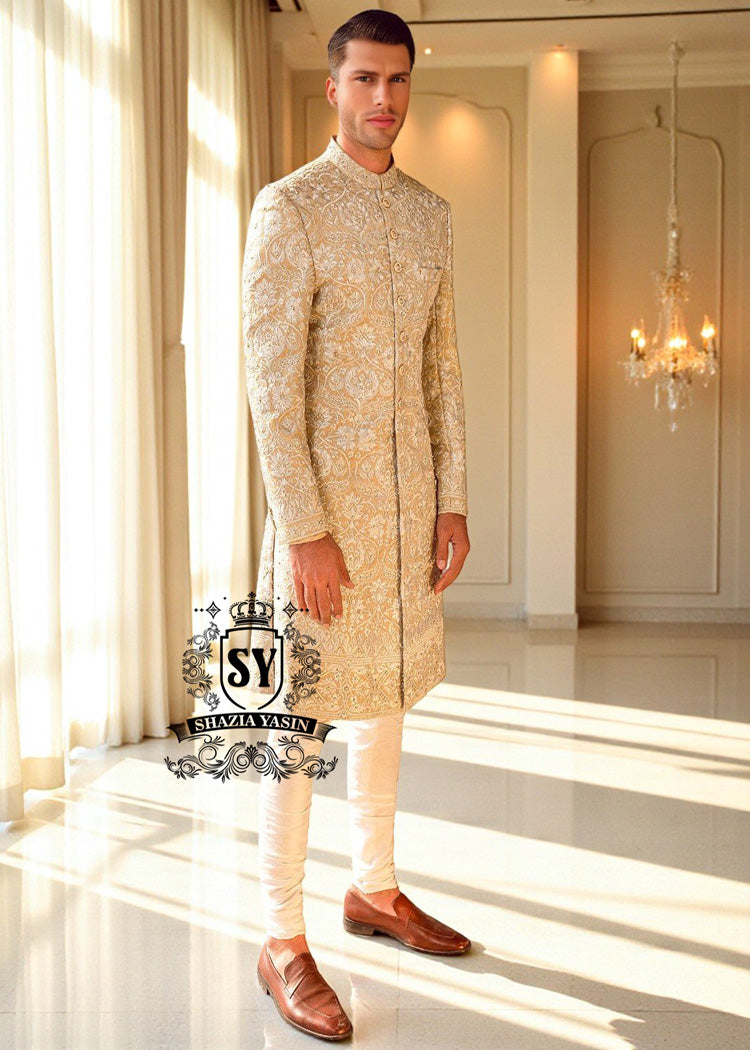 Indo Western Sherwani Suit for Wedding Michigan MI USA Buy Men's Sherwani in Fawn Raw Silk