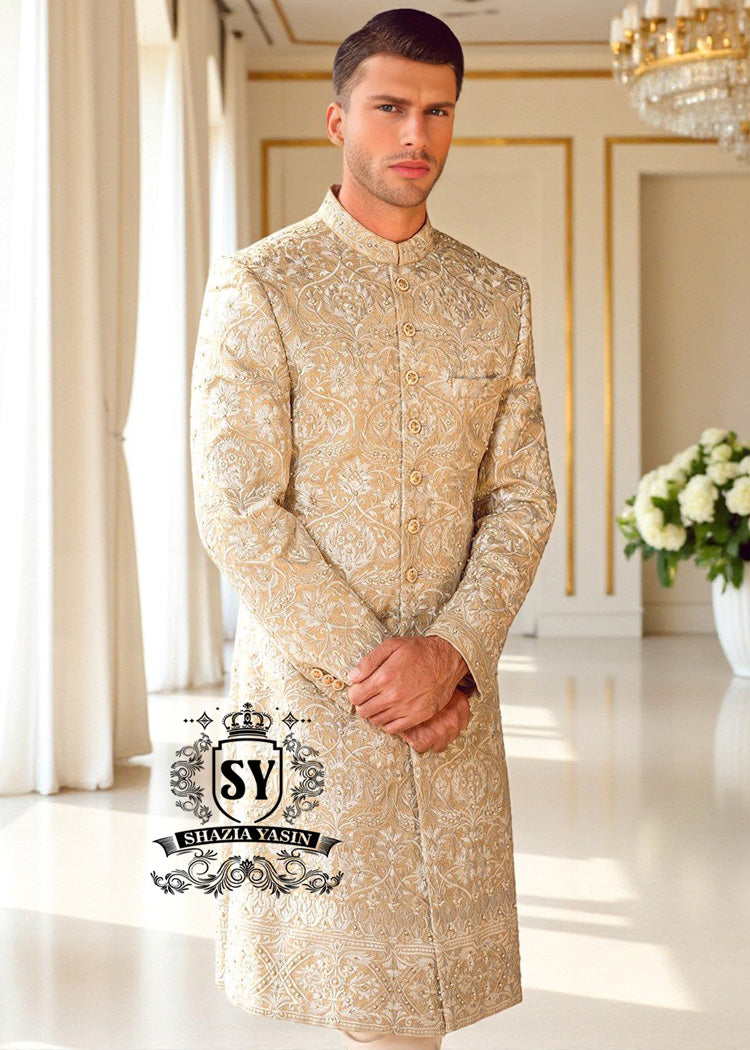 Indo Western Sherwani Suit for Wedding Michigan MI USA Buy Men's Sherwani in Fawn Raw Silk
