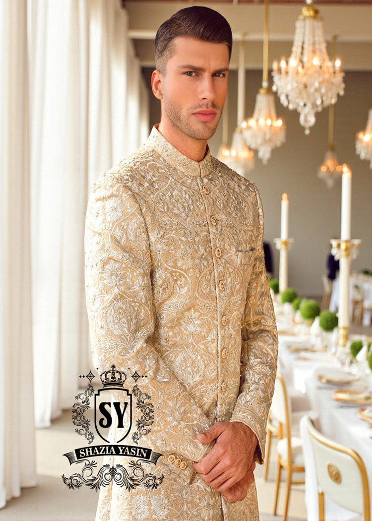 Indo Western Sherwani Suit for Wedding Michigan MI USA Buy Men's Sherwani in Fawn Raw Silk