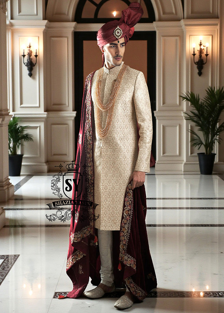 Antique white Sherwani for Groom Baltimore Maryland USA Men's Bespoke Wedding Sherwani in Pakistan