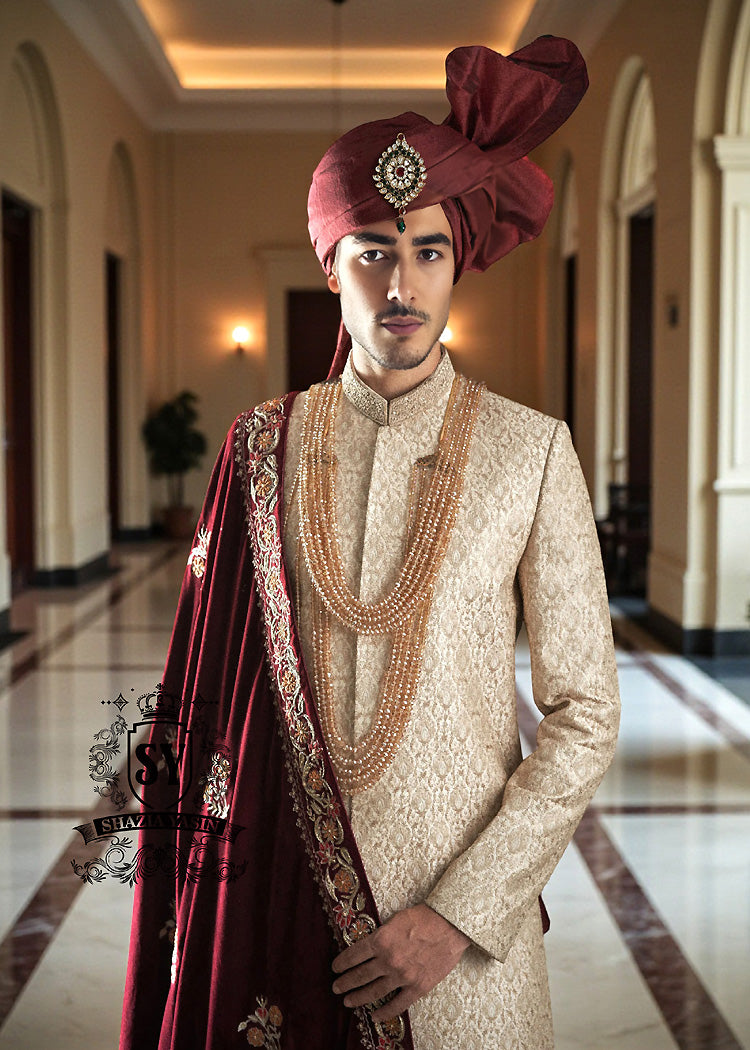 Antique white Sherwani for Groom Baltimore Maryland USA Men's Bespoke Wedding Sherwani in Pakistan