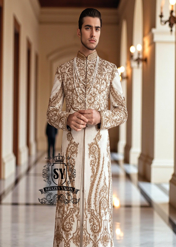 Groom's Off-White sherwani suits France Paris Hand Embellished Sherwani Embroidered Sherwani