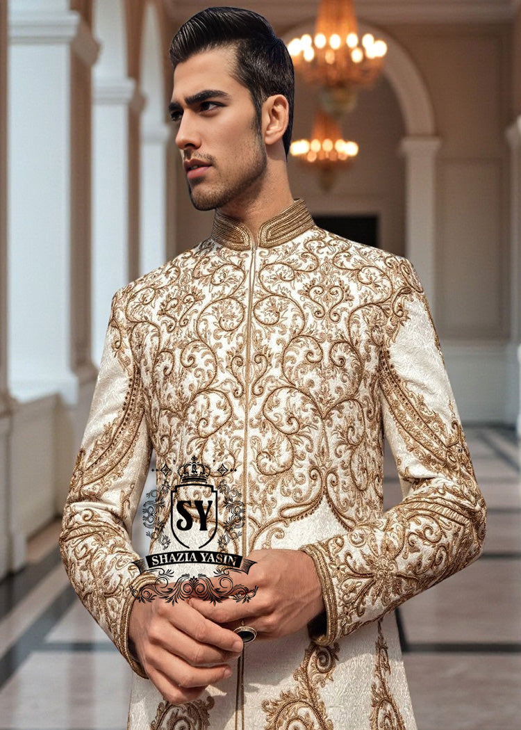 Groom's Off-White sherwani suits France Paris Hand Embellished Sherwani Embroidered Sherwani