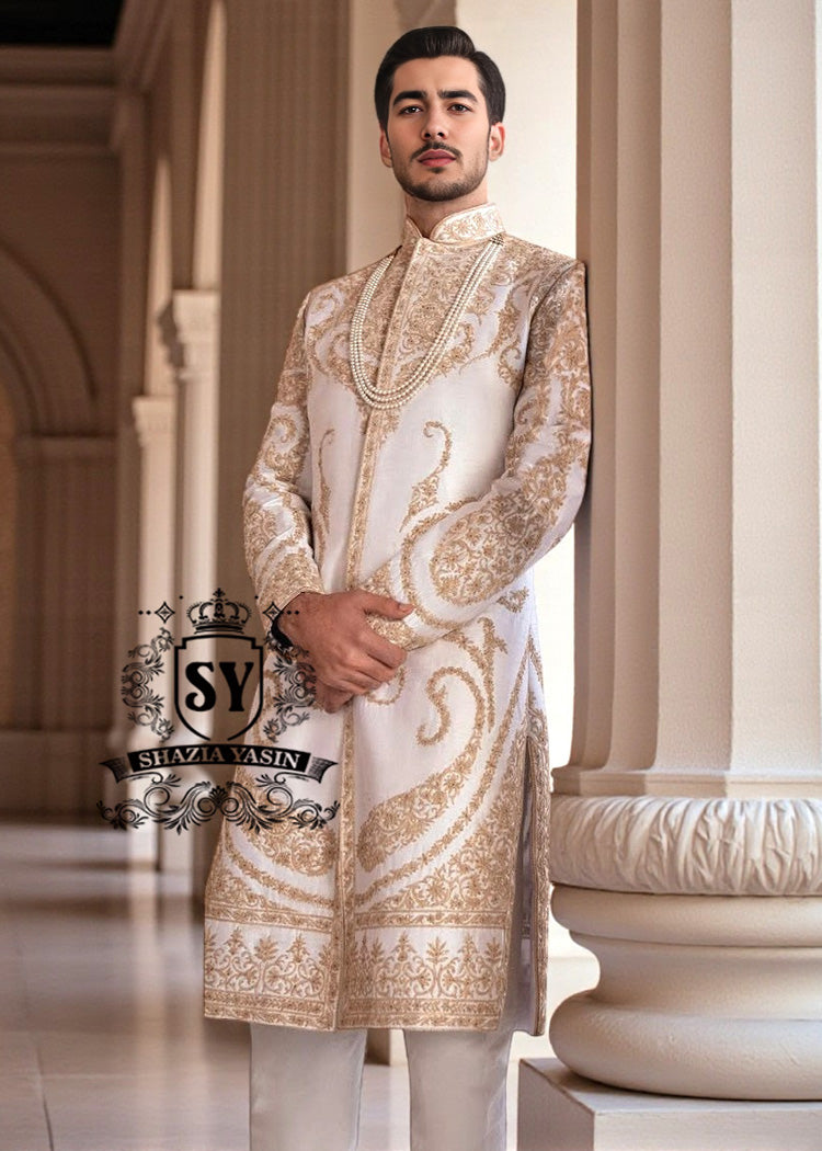 Personalized luxury Sherwani Newcastle London UK Pearl White Embellished Sherwani For Men's Wedding