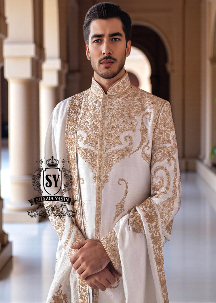 Personalized luxury Sherwani Newcastle London UK Pearl White Embellished Sherwani For Men's Wedding