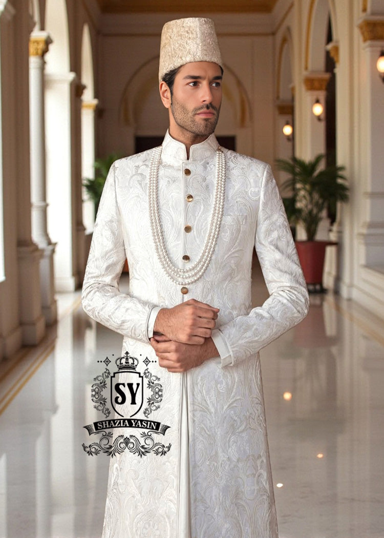 Royal White Embroidered Sherwani for Groom Men's Sherwani Suit for Wedding, Slim Fit Designer Sherwani Suit UK USA Canada Australia