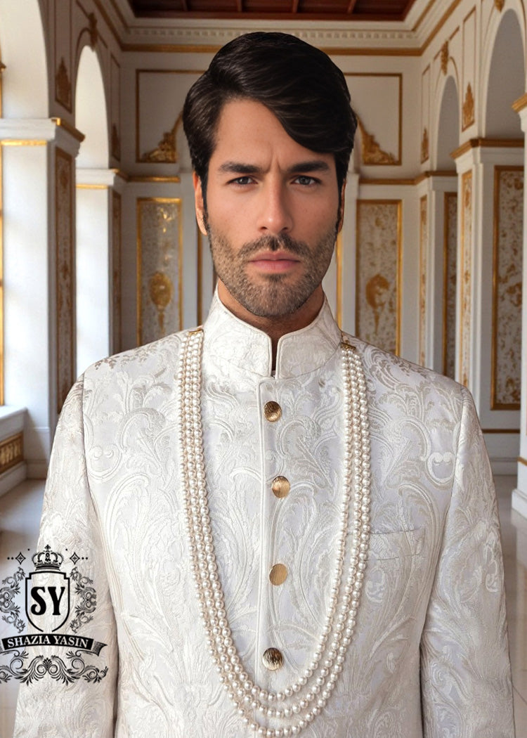 Royal White Embroidered Sherwani for Groom Men's Sherwani Suit for Wedding, Slim Fit Designer Sherwani Suit UK USA Canada Australia