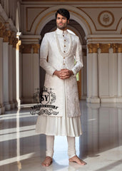 Royal White Embroidered Sherwani for Groom Men's Sherwani Suit for Wedding, Slim Fit Designer Sherwani Suit UK USA Canada Australia
