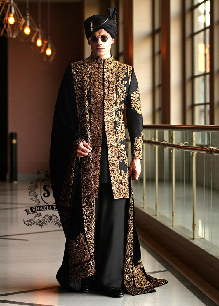 Black MAGIC Wedding Sherwani Suits Groom Hand-embroidered Sherwani Los Angeles LA California CA USA Bespoke Sherwani Pakistan
