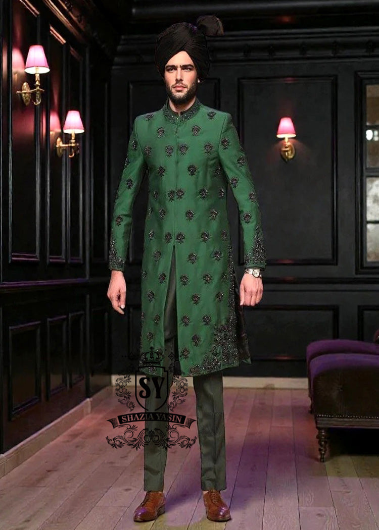Trends for the groom - the groom Green Sherwani - men's Sherwani clothing - Dark Green Sherwani suits