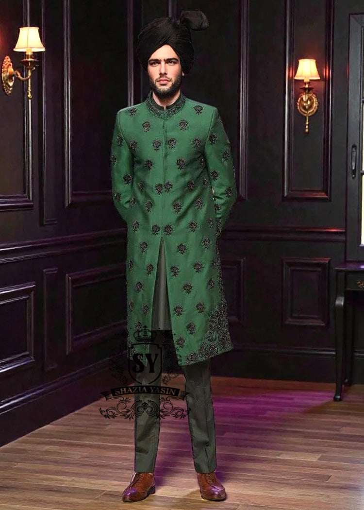 Trends for the groom - the groom Green Sherwani - men's Sherwani clothing - Dark Green Sherwani suits