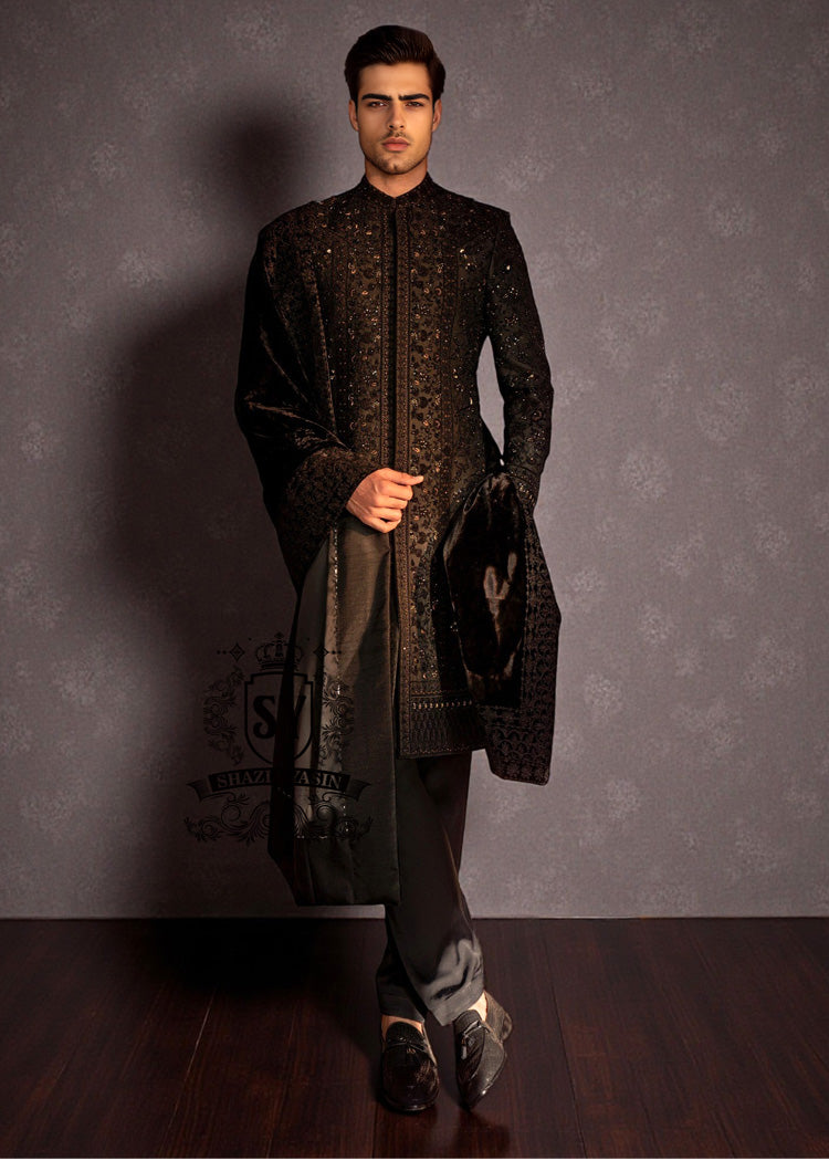 Designer Black Floral Sherwani For Men