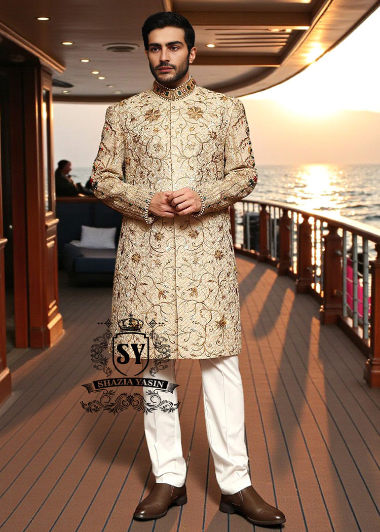 Light Beige takes center stage in this Sherwani suit, full of light, freshness, and elegance.
Designed for grooms who want a Luxury, bright, and stylish look.