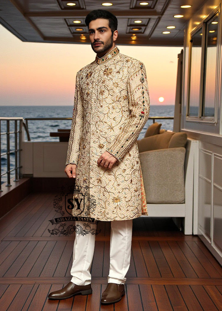 Light Beige takes center stage in this Sherwani suit, full of light, freshness, and elegance.
Designed for grooms who want a Luxury, bright, and stylish look.