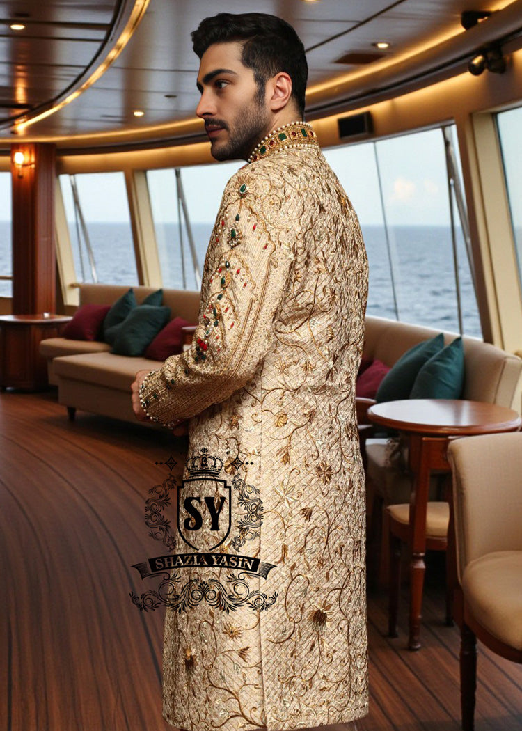Light Beige takes center stage in this Sherwani suit, full of light, freshness, and elegance.
Designed for grooms who want a Luxury, bright, and stylish look.