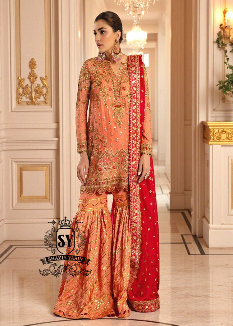 Light Strawberry Blonde Short Shirt with Gharara Latest Pakistani Wedding Dresses Coral Spring Florida USA Gharara Suits