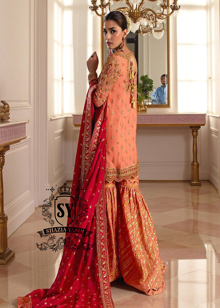 Strawberry Blonde Short Shirt with Gharara Avant-garde designs Pakistani Wedding Dresses Coral Spring Florida USA Gharara Suits