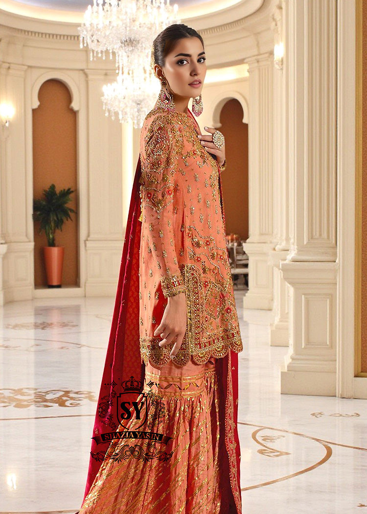 Strawberry Blonde Short Shirt with Gharara Best Pakistani Wedding Dresses Coral Spring Florida USA Gharara Suits