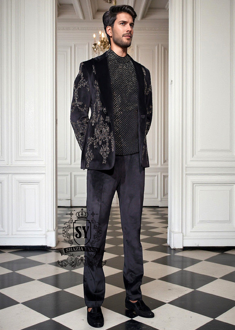 Buy Men's Luxury Bespoke Embellished Black Velvet Tuxedo Weston Florida USA Floral Embroidered Single-Breasted Tuxedo