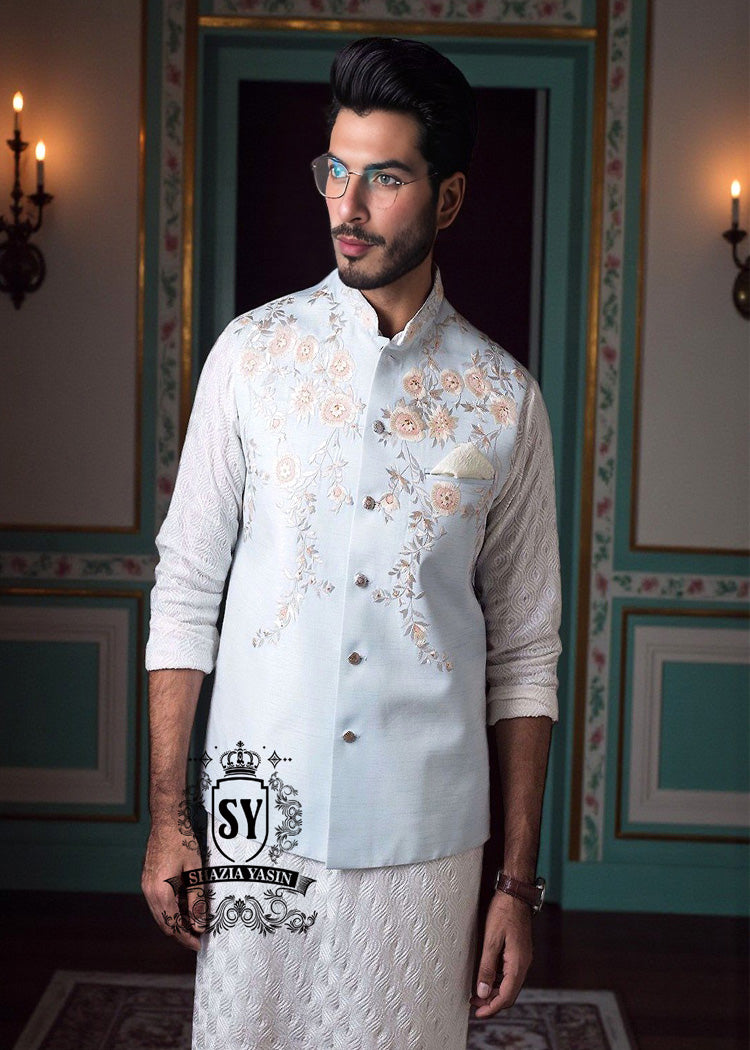 Floral Embroidered Raw Silk Waistcoat Sydney Australia Evening waistcoat in Pale Aqua Shiny fabric